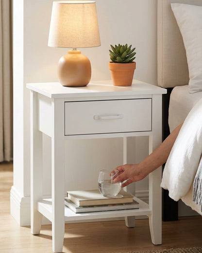 Hbmvd Bedside Table White 1 Drawer with Shelf