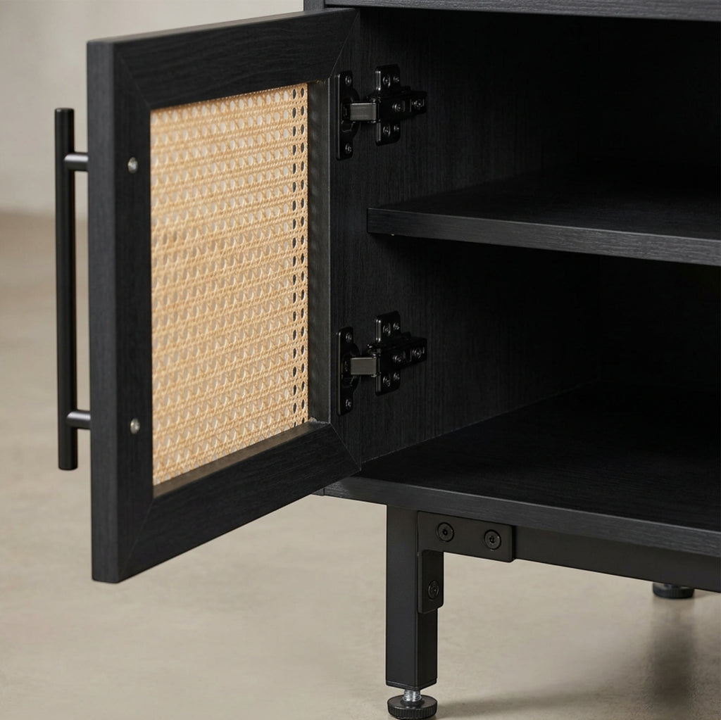 Hbmvd Cane Door Bedside Cabinet Black Natural - Detail view