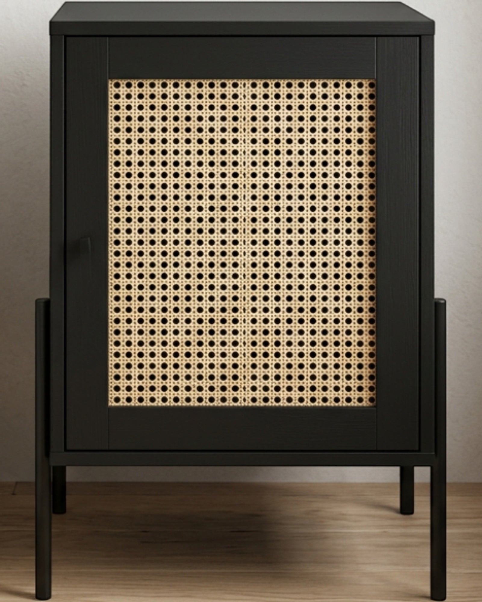 Hbmvd Cane Door Bedside Cabinet Black Natural - Lifestyle view