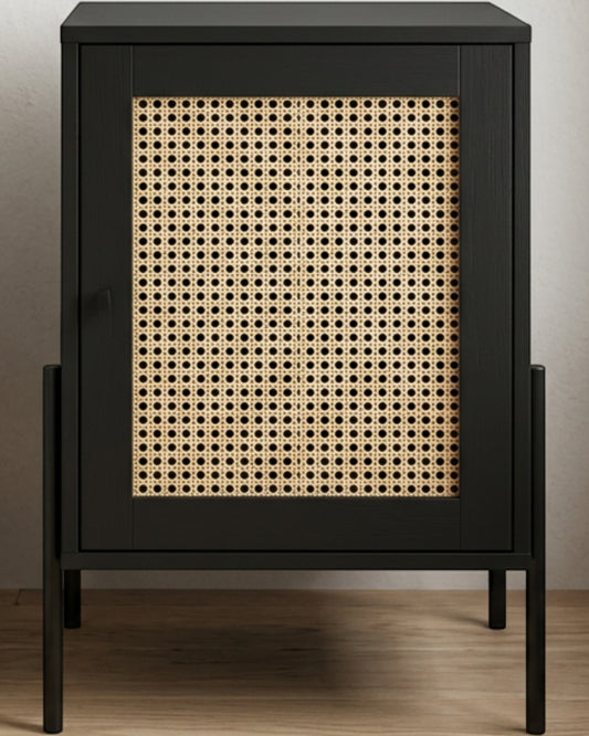 Hbmvd Cane Door Bedside Cabinet Black Natural - Lifestyle view