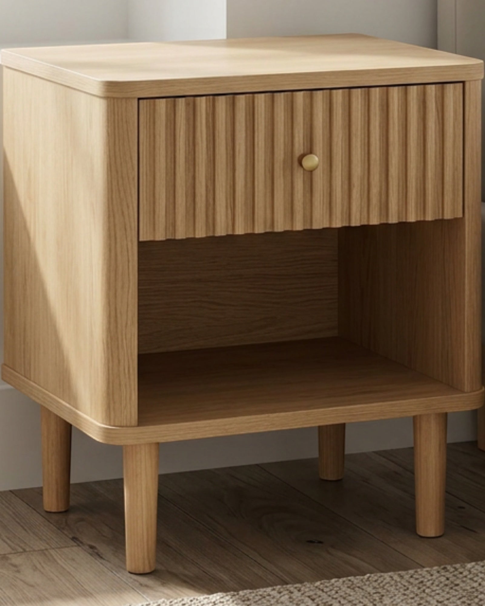 Hbmvd Fluted One Drawer Open Shelf Nightstand Natural Oak - Lifestyle view