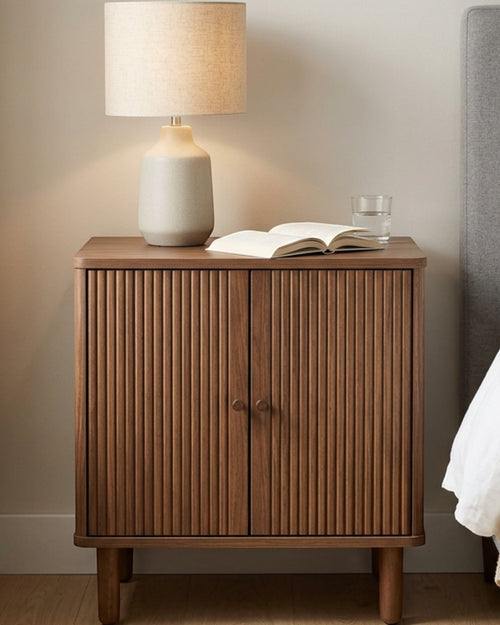 Hbmvd Flutewood Bedside Cabinet 2 Door 25 in Walnut - Lifestyle view