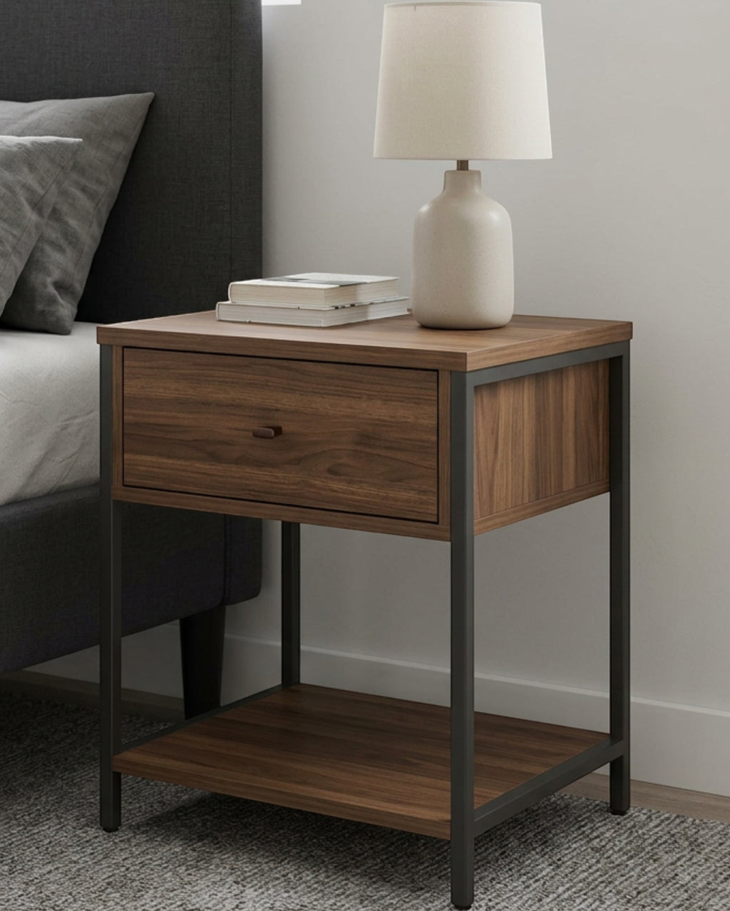 Hbmvd Framecroft Nightstand 1 Drawer Open Shelf 24 in Walnut Charcoal - Lifestyle view