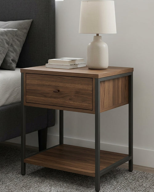 Hbmvd Framecroft Nightstand 1 Drawer Open Shelf 24 in Walnut Charcoal - Lifestyle view