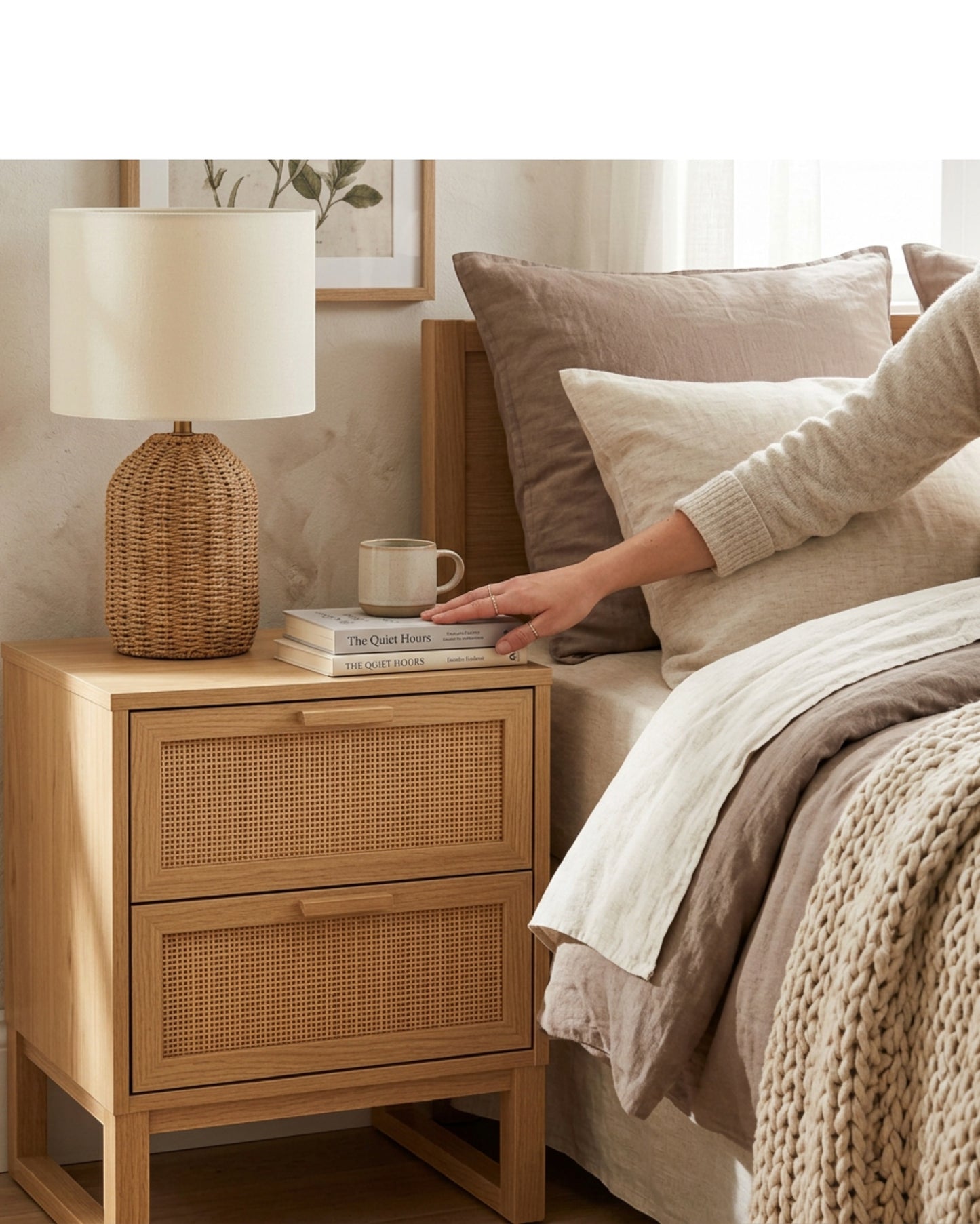 Hbmvd Rattan Front Nightstand Natural 2 Drawer