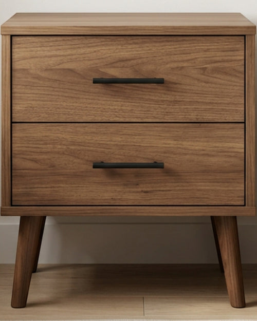 Hbmvd Two Drawer Walnut Nightstand Black Pulls - Lifestyle view