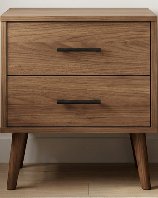 Hbmvd Two Drawer Walnut Nightstand Black Pulls - Lifestyle view